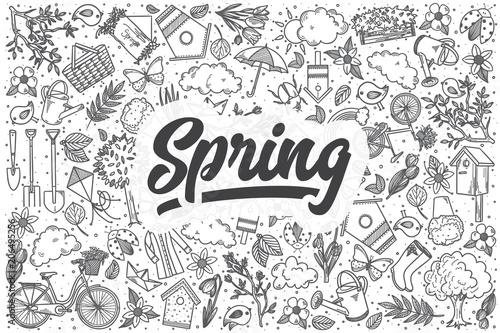Hand drawn spring vector doodle set.
