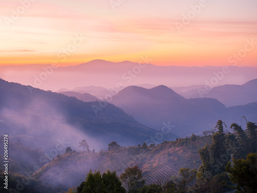 beautiful row of  mountains and hills in the evening