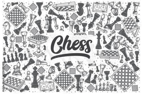 Hand drawn chess vector doodle set.