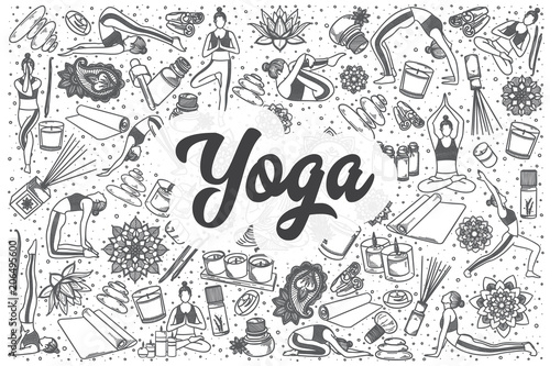 Hand drawn yoga vector doodle set.