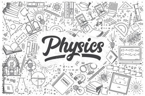 Hand drawn physics vector doodle set. photo