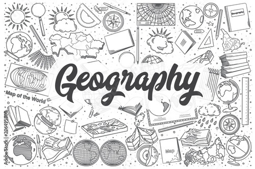 Hand drawn geography vector doodle set.