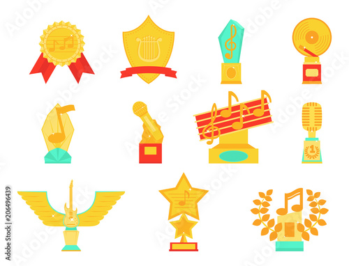 Music vector award statuette microphone and notes entertainment winner top artist achievement musicnote prize illustration