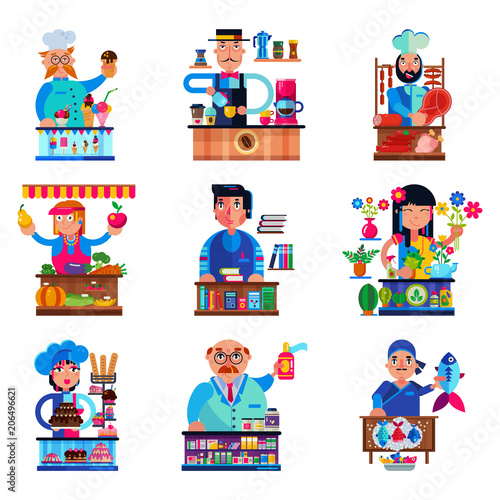 Seller vector salesman character selling in bookshop candyshop or coffeeshop and butcher or baker in stall illustration set of people sale in grocery or confectionery isolated on white background