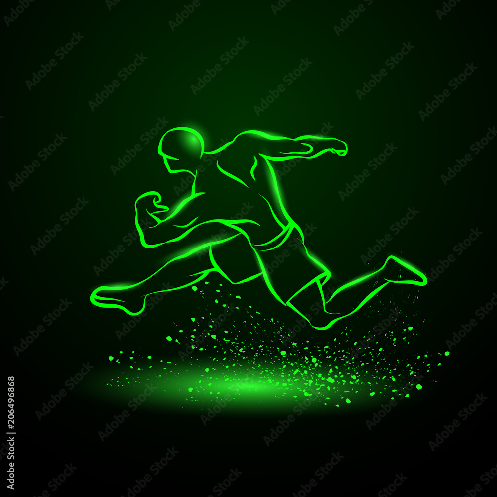 Strong runner. Green neon linear silhouette of a running athlete.