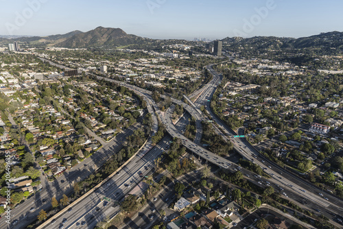 Aerial view of Ventura 101 Freeway and Hollywood 170 freeways in the San Fernando Valley area of Los Angeles, California.