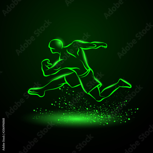 Strong runner. Green neon linear silhouette of a running athlete.