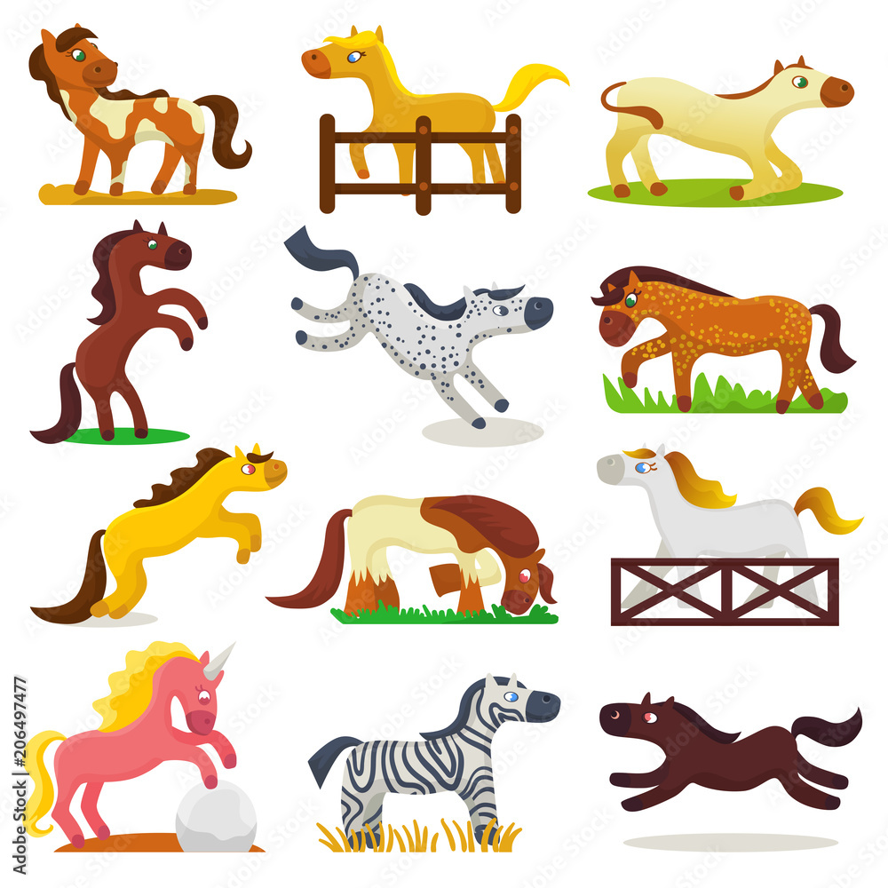 Cartoon horse vector cute animal of horse-breeding or kids equestrian and horsey or equine stallion illustration childly animalistic horsy set of pony zebra character isolated on background