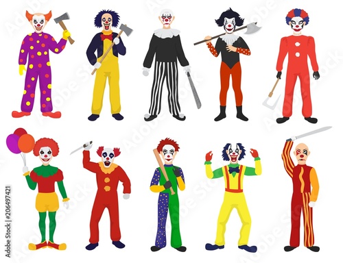 Clown vector clownish character clowning on performance in circus and cartoon man of clownery illustration set of perfomers with scary or creepy expressions isolated on white background