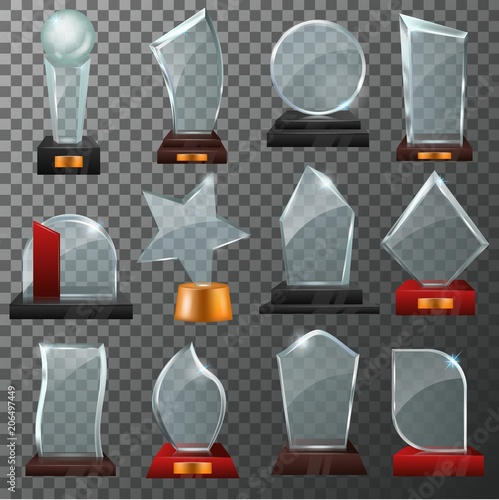 Glass award vector crystal trophy or award-winning prize for achievement illustration set of winner shiny reward template or blank isolated on transparent background