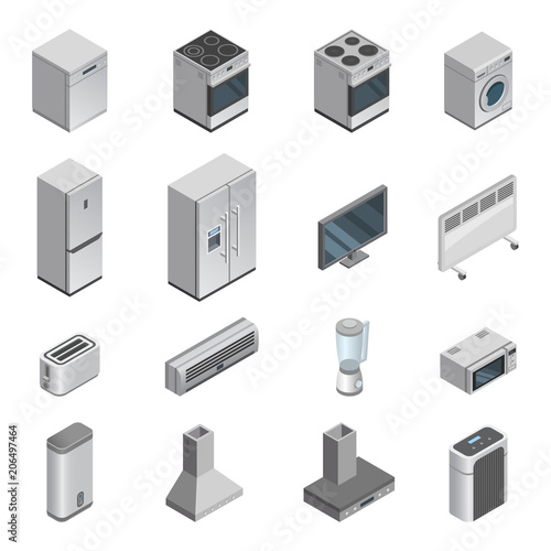 Household appliances vector kitchen homeappliance for house set cooker or washing machine and microwave in appliancestore isometric illustration of housekeeping equipment isolated on white background
