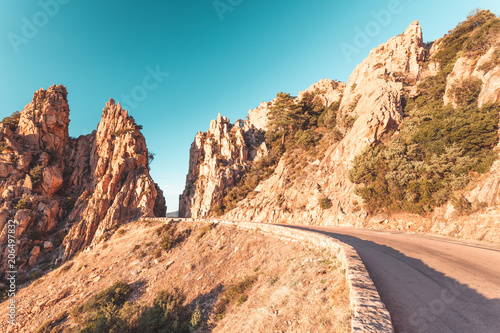 Road along the famous Calanques de Piana in Corsica, France