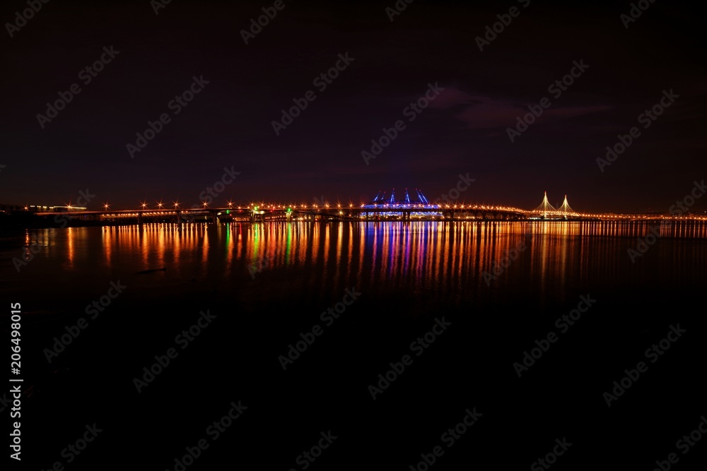 Panorama of the bridge along the Gulf of Finland and the football stadium Zenit Arena, where there will be the Confederations Cup 2017 and the 2018 World Cup