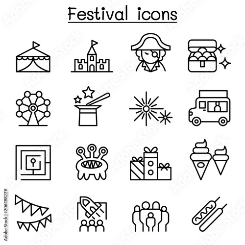 Amusement park & Festival icon set in thin line style