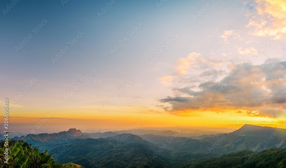 beautiful row of  mountains and hills in the evening