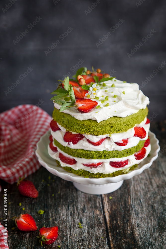 Green spinach cake with strawberry Green spinach cake with strawberry