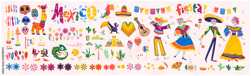 Fototapeta Duży wektor zestaw elementów Meksyku, szkielet znaków, zwierząt w stylu płaski wyciągnąć rękę na białym tle. Ikony na fiesty, uroczystości, krajowych wzorów, dekoracji, tradycyjnej żywności.