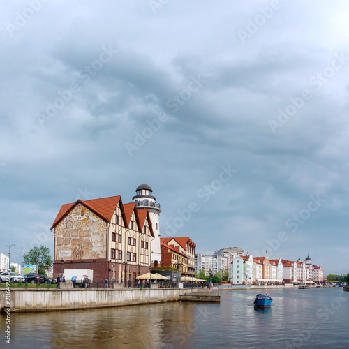 Center of the Kaliningrad city in Russia with a river Pregolya and renovated buildings