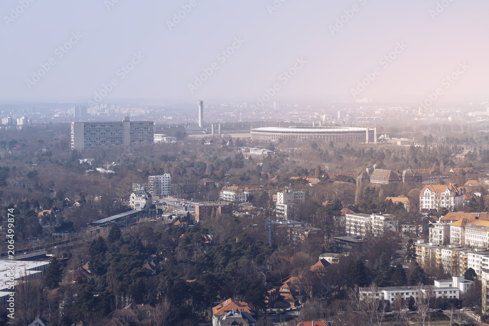 Panorama of Berlin with Olympia stadium in spring