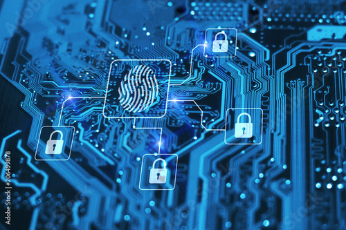 Fingerprint login authorization and cyber security concept. Blue integrated circuit with locks on background. Control access and authentication online.