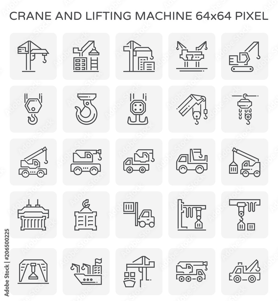 Crane icon or lifting equipment i.e. tower, crawler, wich, mobile ...