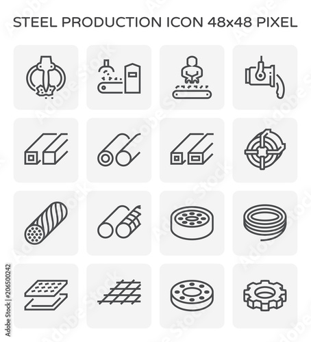 Steel production industry, manufacturing vector icon consist of worker, machine equipment and production line. Include process to casting product of steel, aluminum, iron or stainless i.e. pipe, roll.