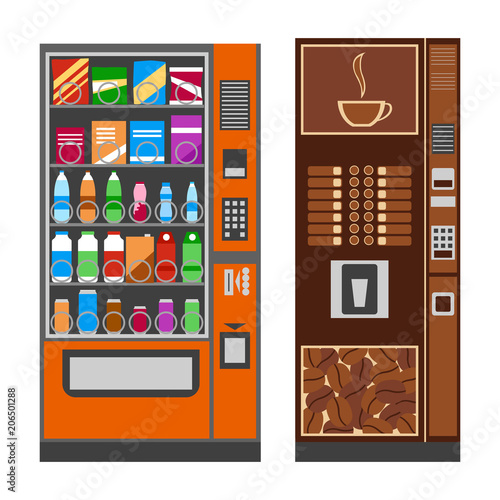 Vending machines with coffee, water, chips. Flat design. Vector illustration.