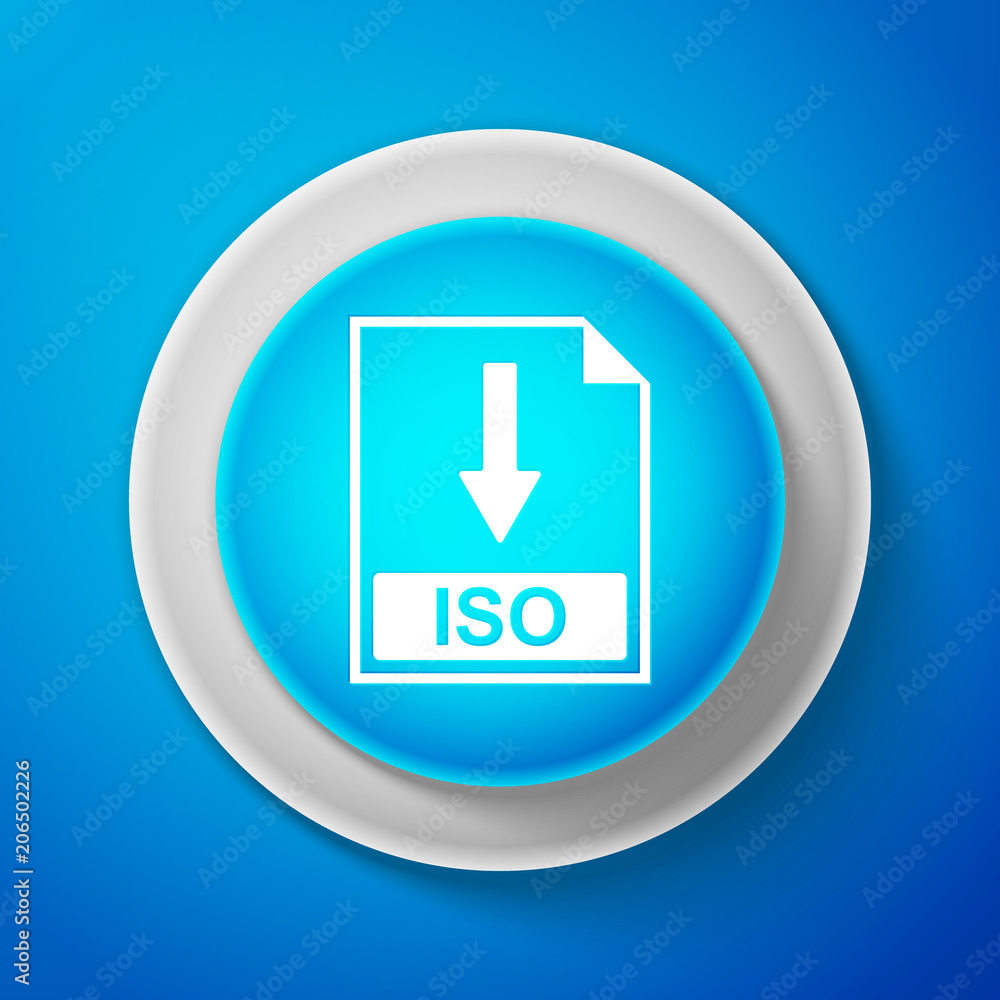 White ISO file document icon isolated on blue background. Download ISO button sign. Circle blue button with white line. Vector Illustration White ISO file document icon isolated on blue background. Download ISO button sign. Circle blue button with white line. Vector Illustration