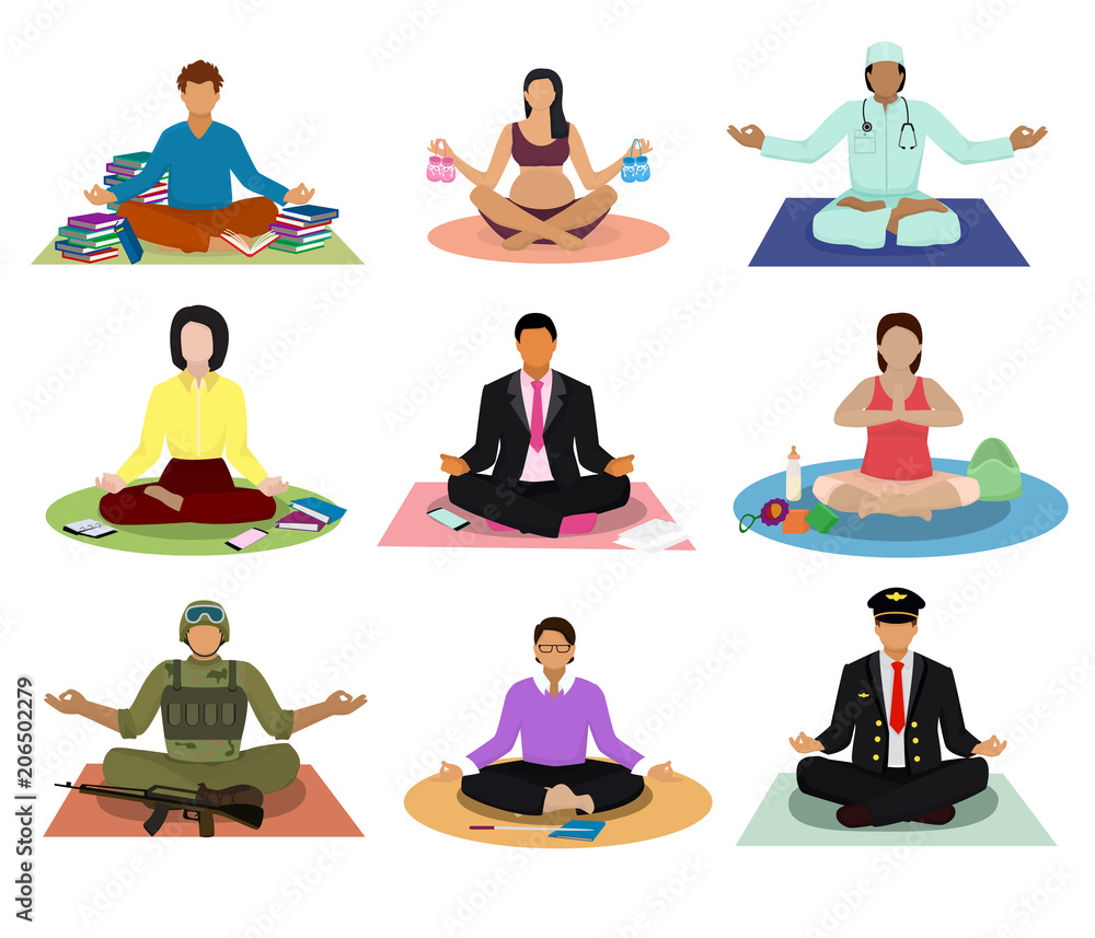 Meditation vector meditating people practice yoga and characters of pregnant woman or businessman meditate in lotus position illustration set of men in meditativeness pose isolated on white background Meditation vector meditating people practice yoga and characters of pregnant woman or businessman meditate in lotus position illustration set of men in meditativeness pose isolated on white background