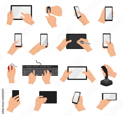 Hands with gadgets vector hand holding phone or tablet illustration set of character working on digital device with touchscreen smartphone or cellphone isolated on white background