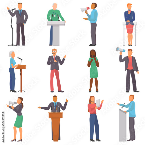 Speaker vector people characters speaking at business event or on conference presentation illustration set of man or woman has a speech on seminar isolated on white background
