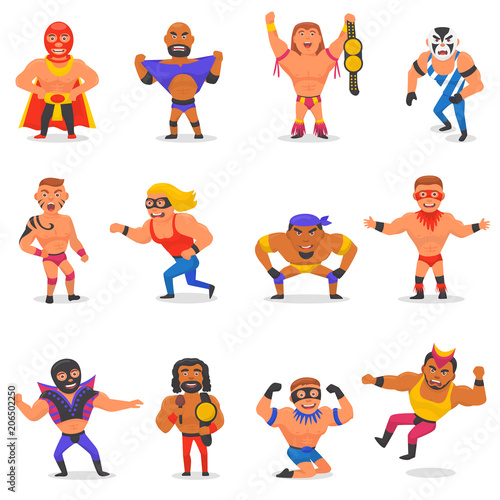 Wrestler vector masked man character and masking luchador in wrestling fight illustration set of wrestle sportsman in costume isolated on white background