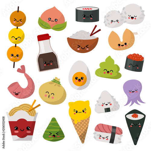 Kawaii food vector emoticon japanese sushi character and emoji sashimi roll with cartoon rice in Japan restaurant illustration asian cuisine set with facial emotions isolated on white background