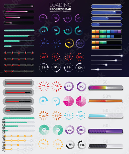 Progress bar vector progressive web interface to upload or download progression indicator of loading or downloading indication illustration set isolated on background