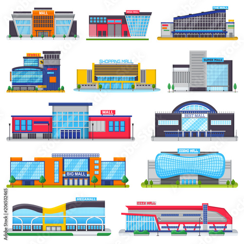 Building mall vector storefront of newbuild mall and store facade illustration set of business officebuilding of cityscape and architectural city shop isolated on white background