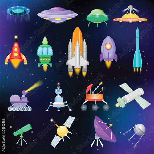 Rocket vector spaceship or spacecraft with satellite and spacy ufo illustration set of spaced ship or rocketship in universe space isolated on background