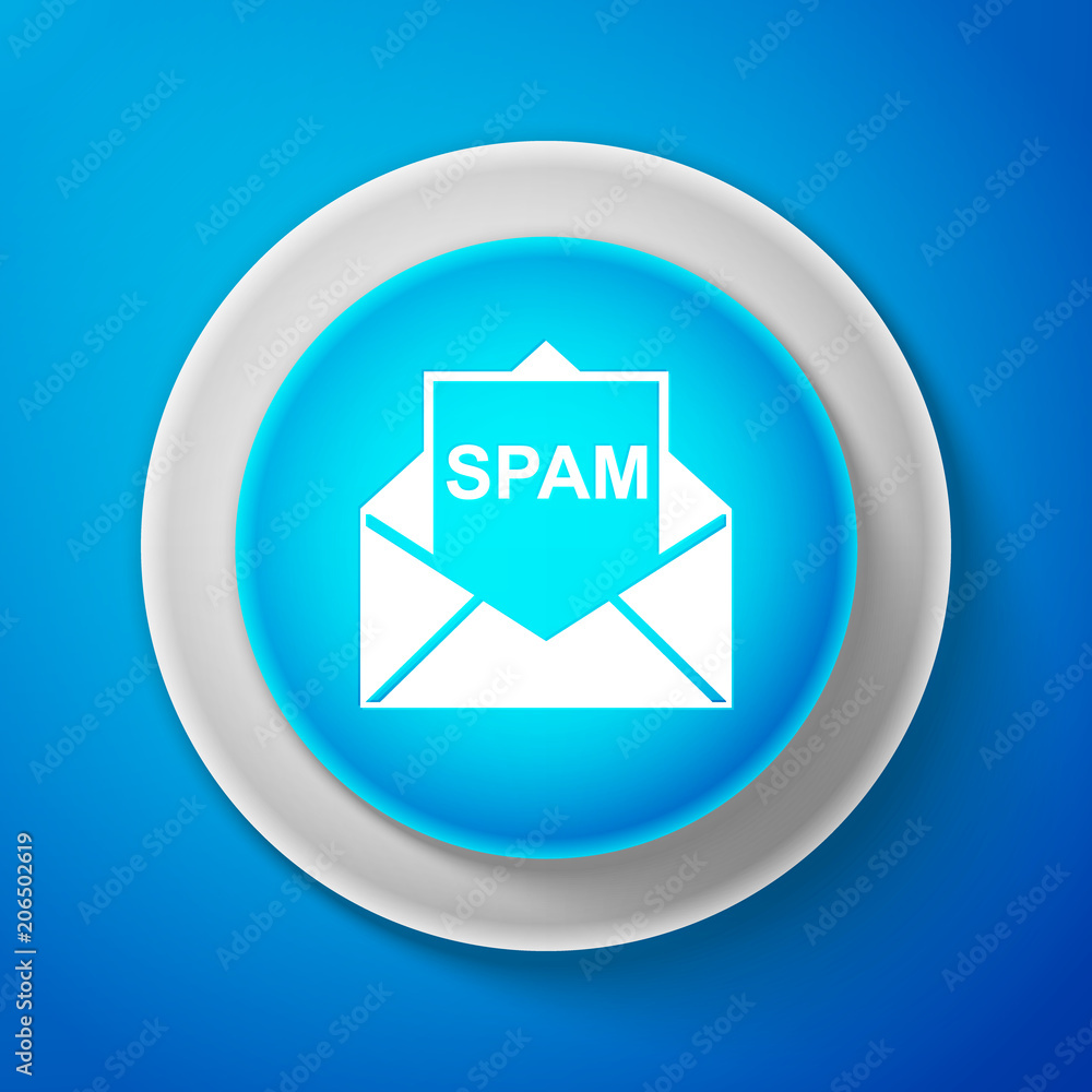 White Envelope with spam icon isolated on blue background. Concept of virus, piracy, hacking and security. Circle blue button with white line. Vector Illustration White Envelope with spam icon isolated on blue background. Concept of virus, piracy, hacking and security. Circle blue button with white line. Vector Illustration
