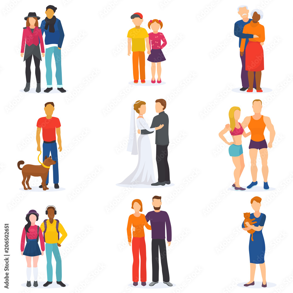 Couple vector happy man and woman in love or young people together in relationship illustration set of coupled characters girl and boy embracing on date isolated on white background
