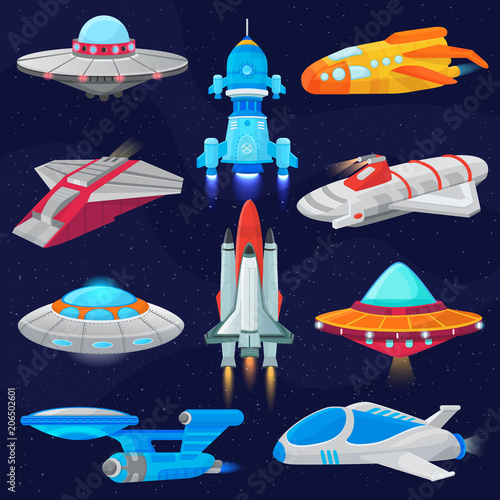 Rocket vector spaceship or spacecraft and spacy ufo illustration set of spaced ship or rocketship in universe space isolated on background