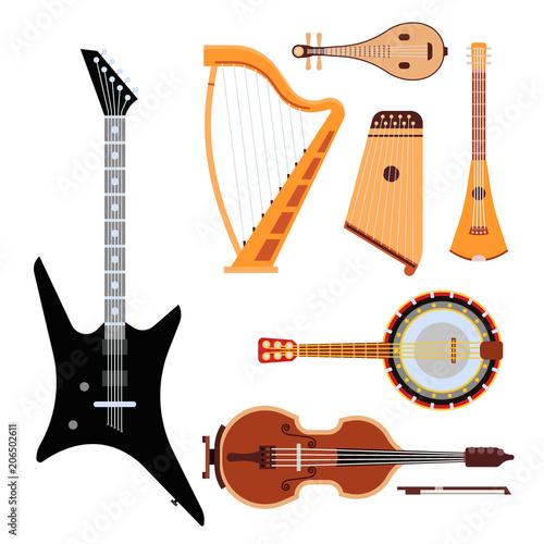 Set of stringed musical instruments classical orchestra art sound tool and acoustic symphony stringed fiddle wooden equipment vector illustration