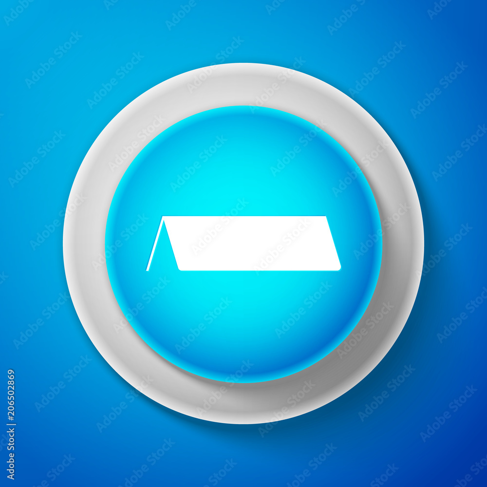 White Blank paper table card icon isolated on blue background. Tent card icon. Circle blue button with white line. Vector Illustration White Blank paper table card icon isolated on blue background. Tent card icon. Circle blue button with white line. Vector Illustration