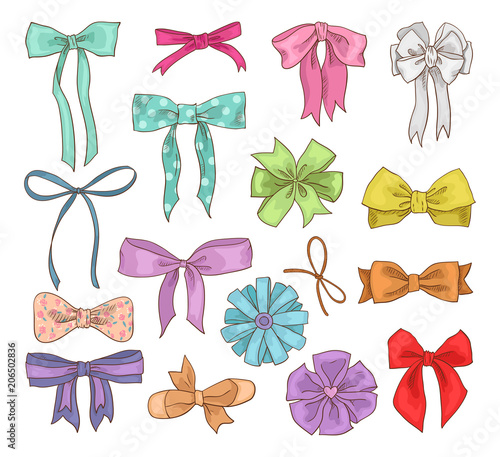 Girls bow vector girlish bowknot or girlie ribbon on hair or for decorating gifts on Birtrhday illustration set of bowed or ribboned presents on holidays celebration isolated on white background