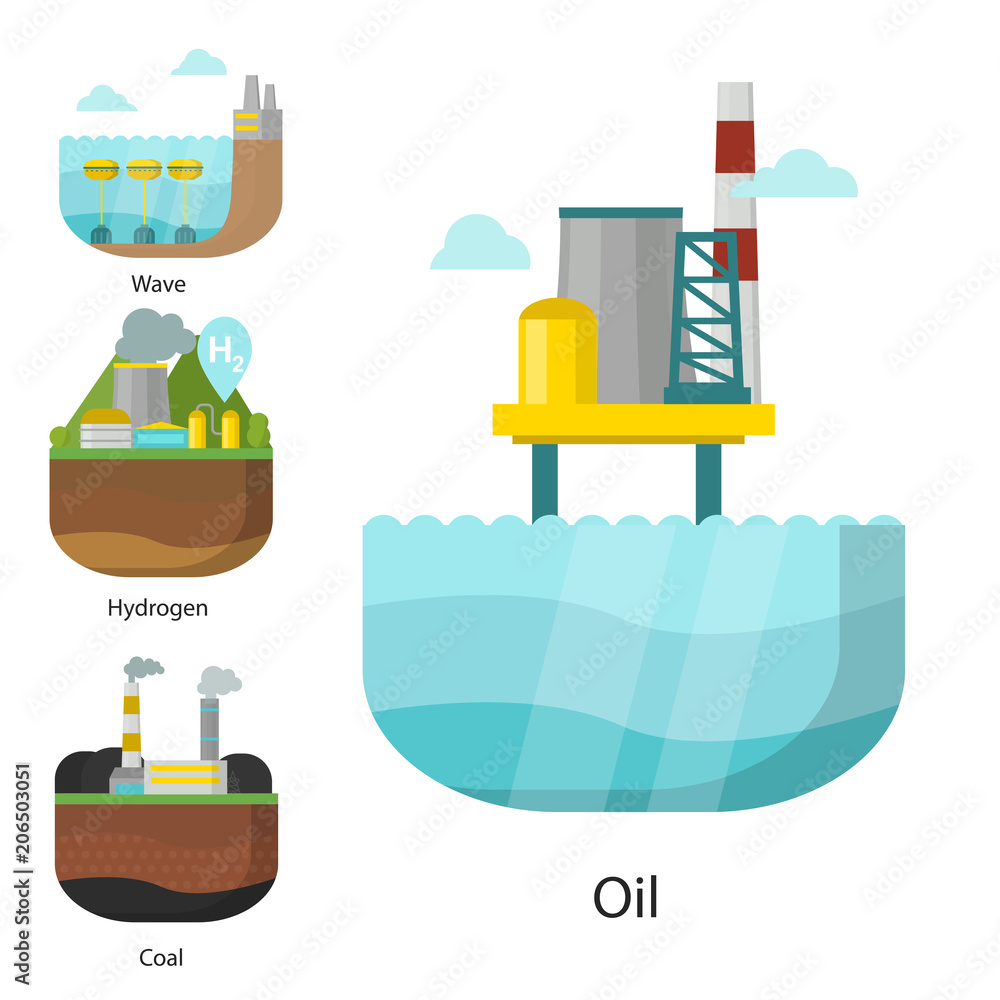 Generation energy types power plant vector renewable alternative source solar and tidal, wind