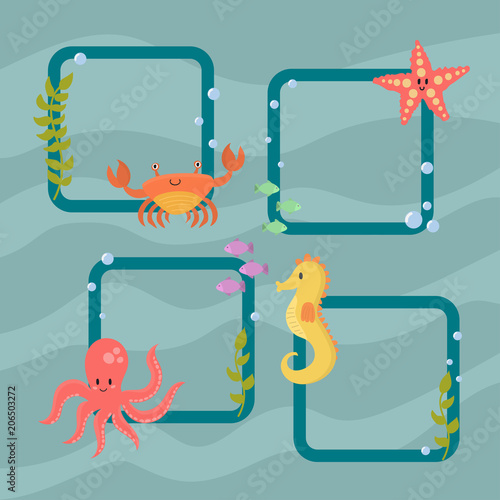 Sea animals vector creatures characters cartoon ocean wildlife marine underwater aquarium life water graphic aquatic tropical beasts illustration.