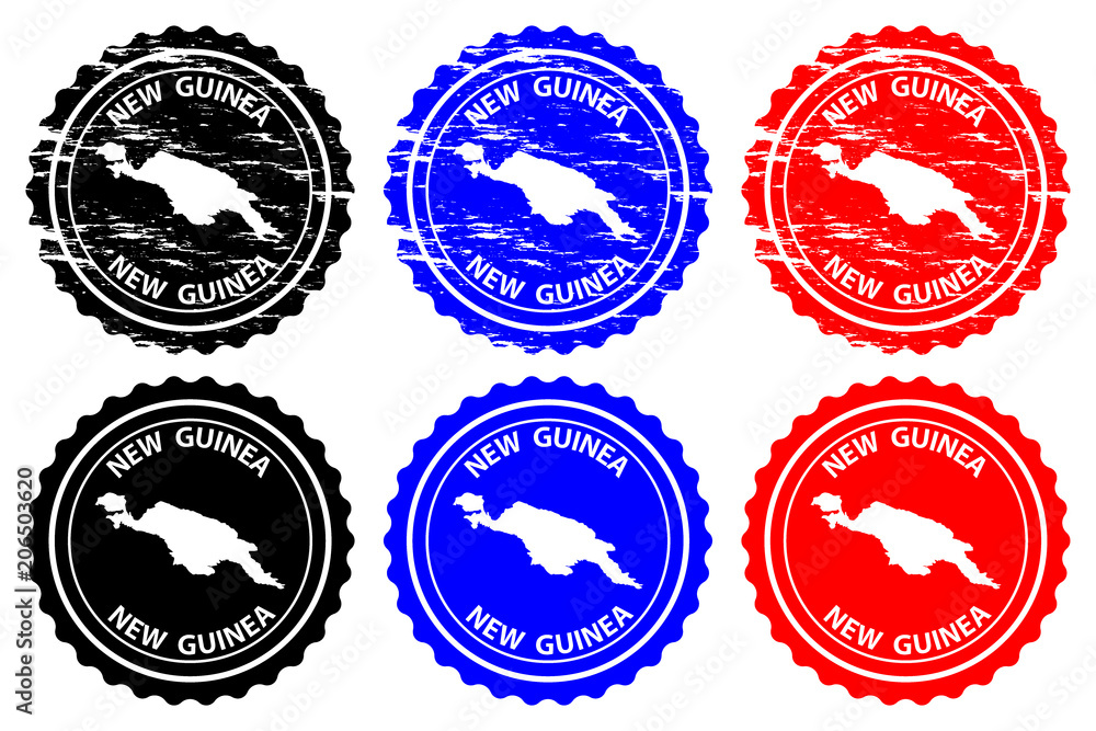 New Guinea - rubber stamp - vector, New Guinea map pattern - sticker - black, blue and red New Guinea - rubber stamp - vector, New Guinea map pattern - sticker - black, blue and red