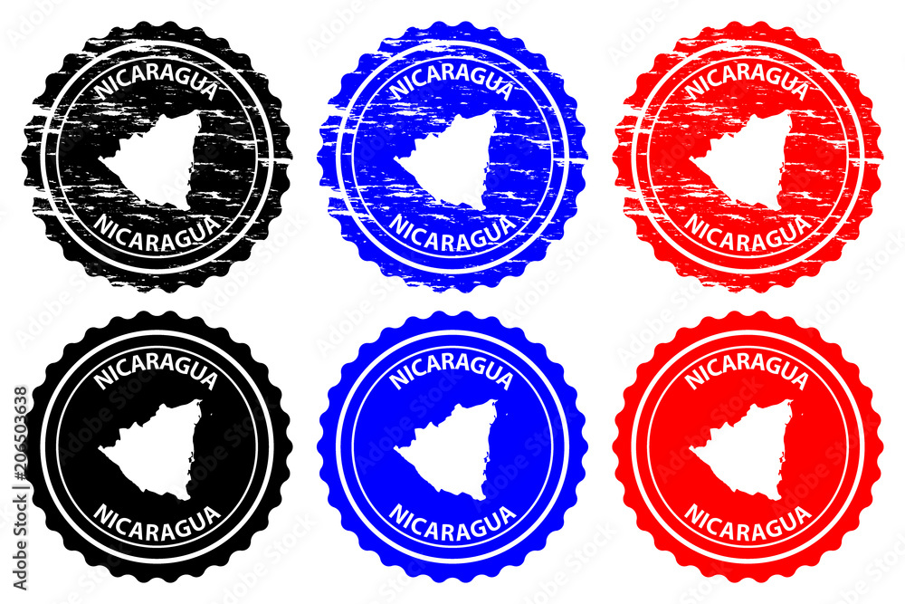 Nicaragua - rubber stamp - vector, Republic of Nicaragua map pattern - sticker - black, blue and red