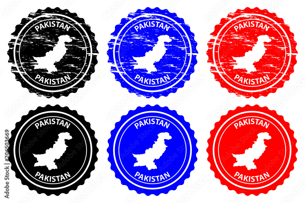 Pakistan - rubber stamp - vector, Islamic Republic of Pakistan map pattern - sticker - black, blue and red