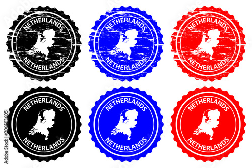 Netherlands - rubber stamp - vector, Holland map pattern - sticker - black, blue and re