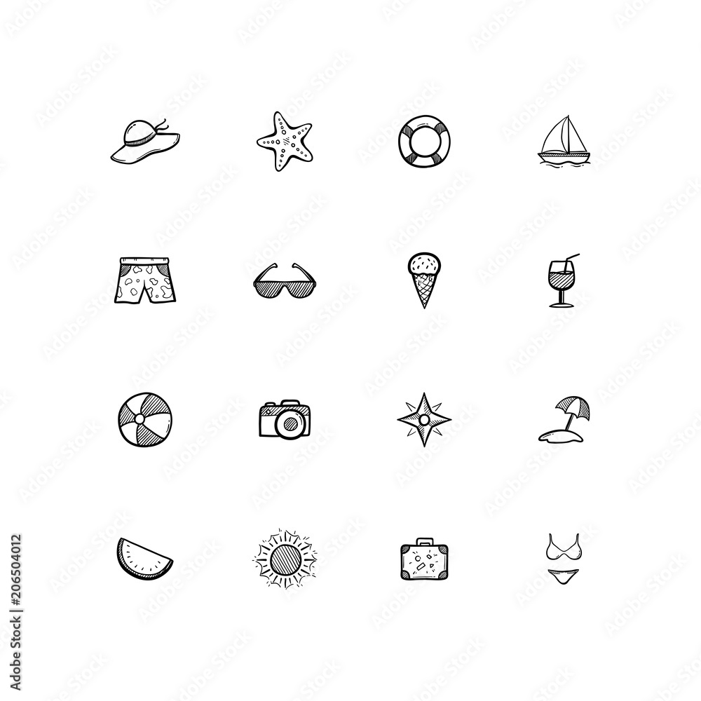 Set of Hand drawn Summer Holidays Icons simple drawing Stock ...