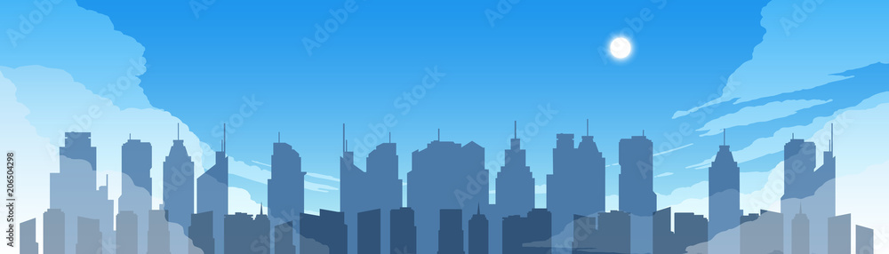 Cityscape in daytime. 
illustration of flat colored silhouettes of buildings in daytime
